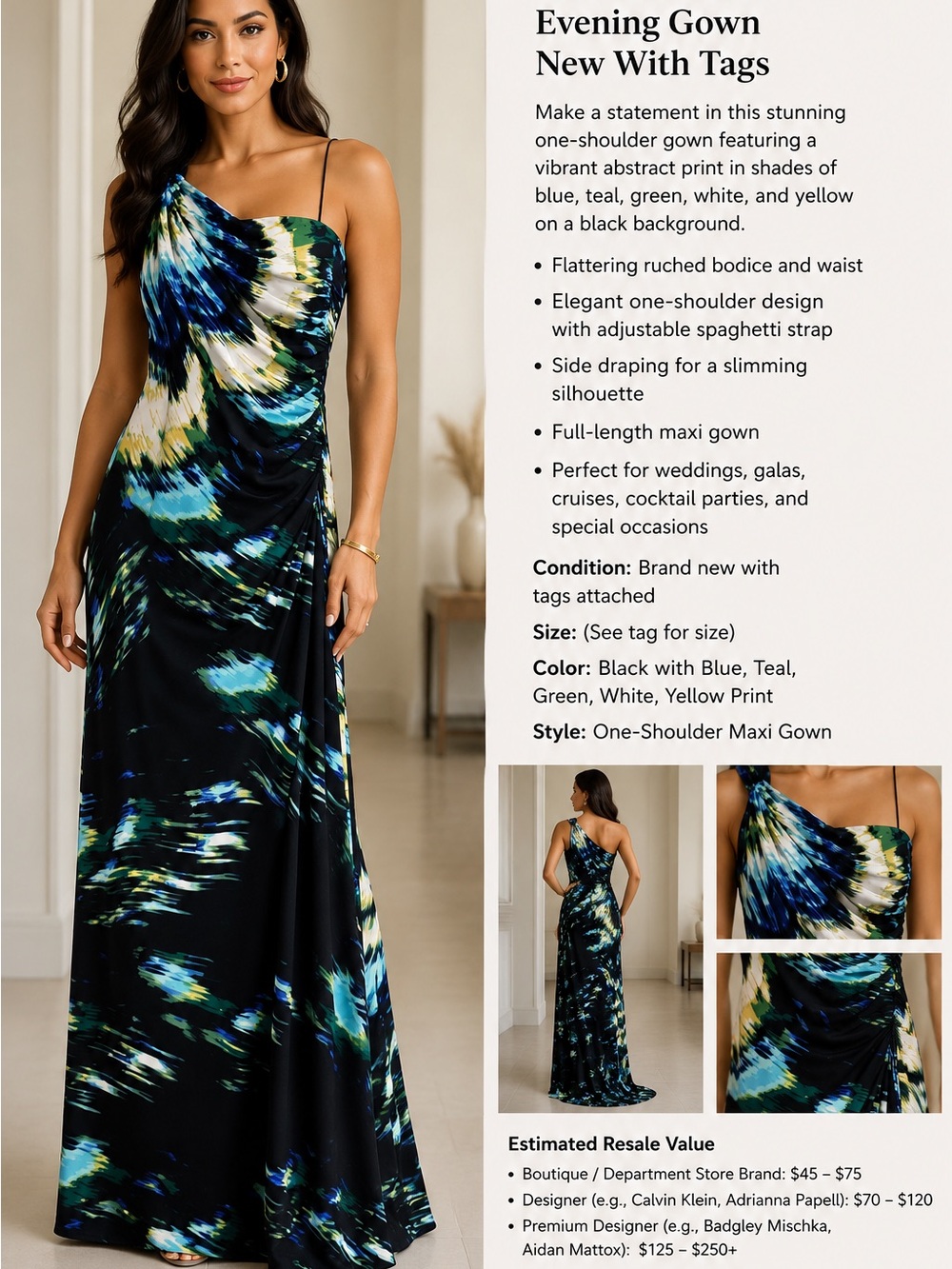 Cache One-Shoulder Black Maxi Dress with Blue, Teal & Green Print.